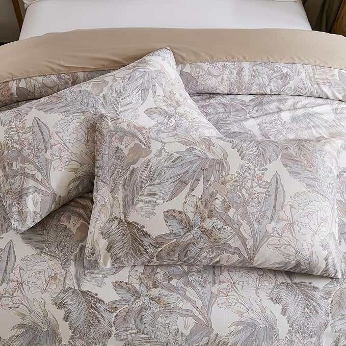 100% Cotton Duvet Cover Queen Size – Elegant Vintage Botanical Bedding Set with Zipper Closure, 3 Pieces Soft Breathable Neutral Floral Print Comforter Cover with 2 Pillowcases