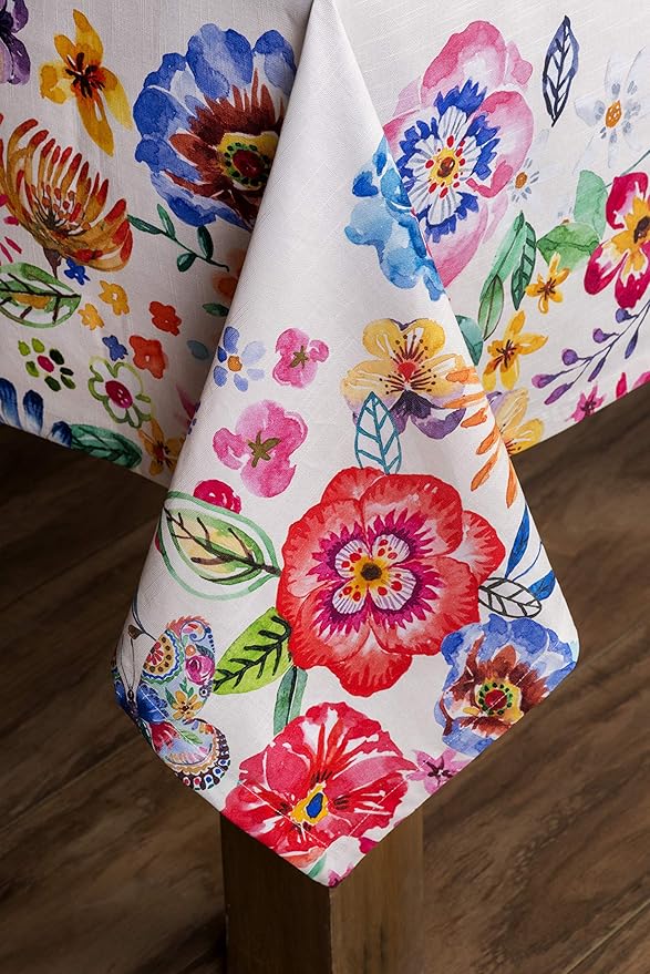 Maison d' Hermine Table Cloth Rectangle Table 100% Cotton 70 x 90 Inches Tablecloth Reusable for Dining Room, Farmhouse, Home, Party, Festive & Wedding Spring Summer - Happy Florals - High Summer