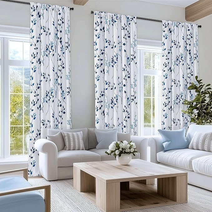 Beauoop Floral 100% Blackout Curtains 63 Inch Length 2 Panels for Bedroom Living Room Navy Blue and White Flower Patterned Room Darkening Thermal Soundproof Rod Pocket Back Tab Window Drapes, 52X63