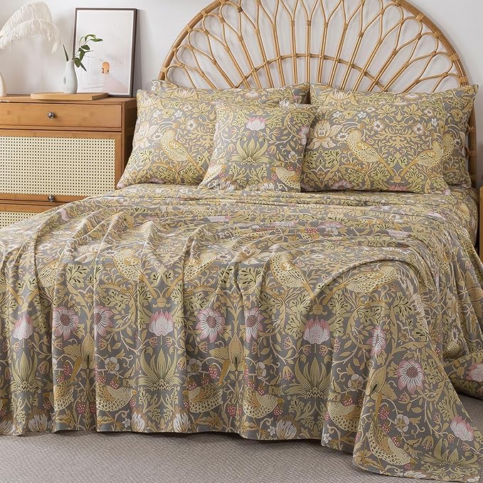 FADFAY 100% Cotton Queen Bed Sheet Set, 4 Piece Gray Vintage Floral Bird Print Bedding, Soft Breathable Cooling Sheets, Deep Pocket Fitted Sheet, Flat Sheet & Pillowcases, All Season Cotton Bedding