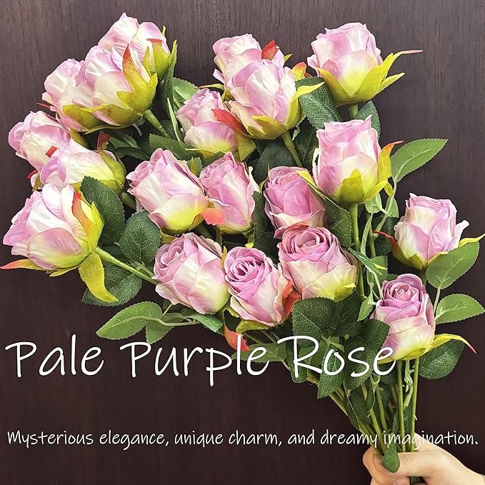 Artificial Roses 10 Pcs - Lifelike Single Stem Fake Roses with Natural Petal Texture,Fade-Resistant Silk Flowers for Wedding Decor,Home Vase Arrangements,Party Centerpieces(10, Pale Purple)