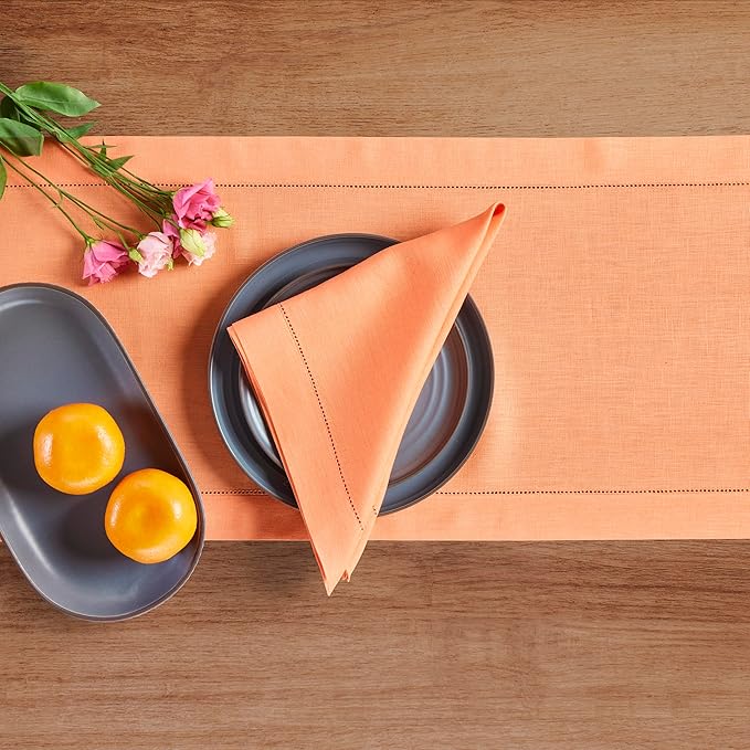 Solino Home Linen Coral Table Runner 120 Inches Long - 100% Pure Linen Hemstitch 14 x 120 Inch Table Runner for Dining, Valentines, Spring, Easter - Classic Hemstitch