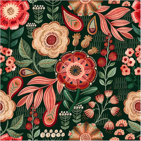 HAOKHOME Peel and Stick Wallpaper Boho Vintage Dark Floral Wall Paper Cottagecore for Bedroom Bathroom Accent Wall Green/Red/Cream 17.3in x 9.8ft