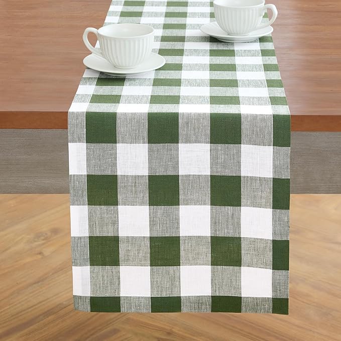 Solino Home Linen Table Runner 60 Inches - 100% Pure Linen Buffalo Check Olive and White Table Runner 14 x 60 Inch Ideal for Dresser and Coffee Tables, Spring, St Patricks Day, Easter