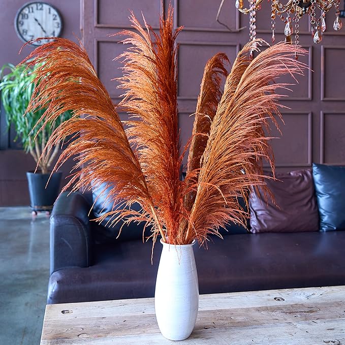 Pampas Grass Decor Tall,Long Pampas, Large Pompas Floral, Elegant Feather Flowers for Wedding Decorations, Living Room Decor (Natural Orange, 6pcs 43.3"(110cm))