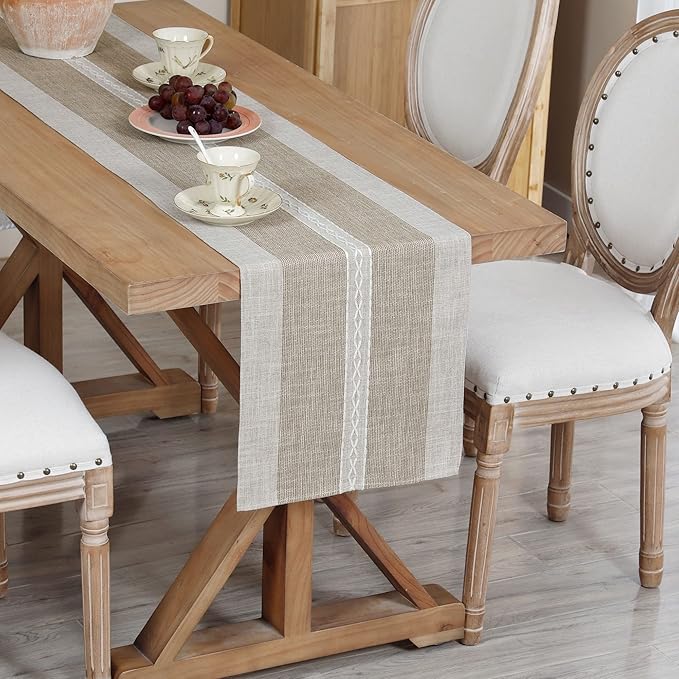 Farmhouse Braided Striped Table Runner Rustic Embroidery Coffee Table Runners for Decorations Weddings Holiday Brown 13x90inch