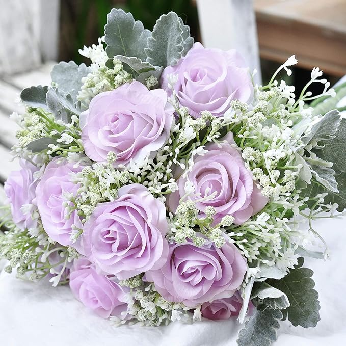 FiveSeasonStuff Real Touch Roses Artificial Flowers, Wedding Silk Flowers Bouquet & Floral Arrangement 12 Stems (Pale Lavender)