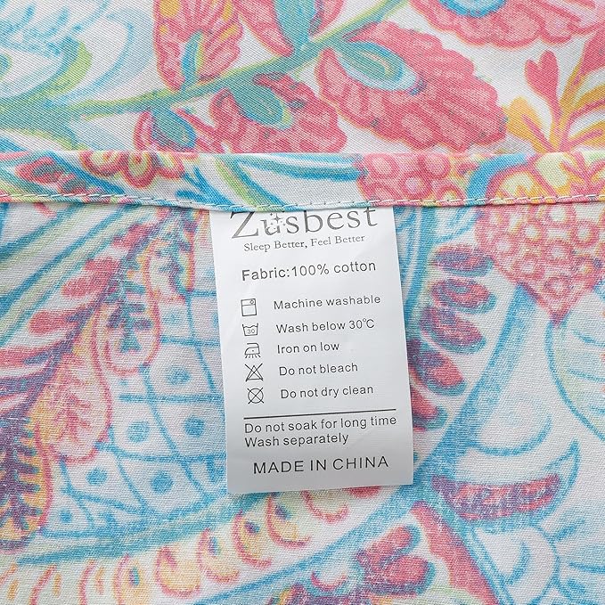 Zusbest Queen Size Bed Sheet Set 100% Cotton Pink Green Paisley Floral Sheets Watercolor Bedding Luxury Soft Breathable Crispy Cooling Percale Sheets 17.5 Inches Deep Pocket Sheets Queen, 4 Pieces