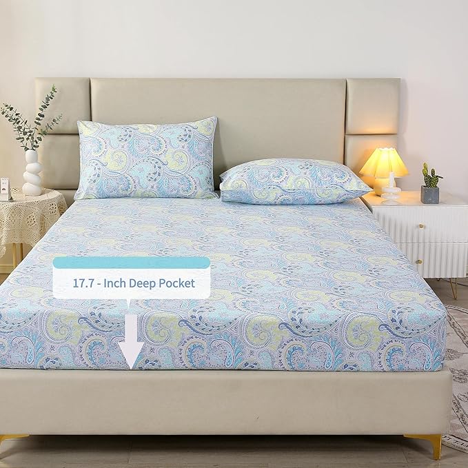 RYNGHIPY Cotton Sheets Floral Print Full Size Sheet Sets Flower Botanical Pattern Egyptian Cotton Bed Sheets Soft and Breathable Deep Pockets (Blue,Full Size)