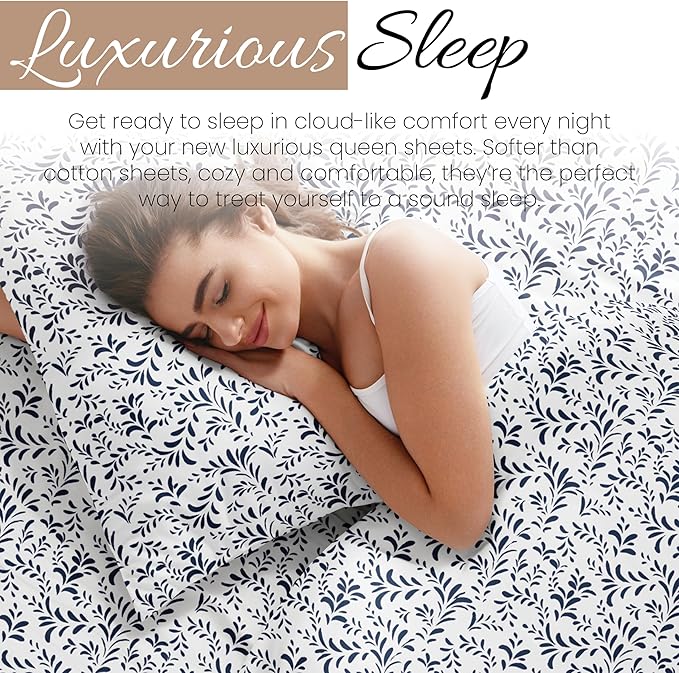 Linen Market Double-Brushed Patterned Microfiber Queen Sheet Set 4 Piece – Oeko-TEX Certified Ultra Soft & Wrinkle-Free - 16" Deep Pocket Sheets - Easy Care Queen Size - Burst of Vines Navy