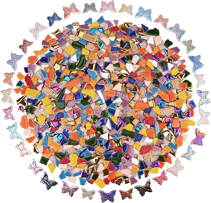 Irregular & Butterfly Mosaic Tiles for Crafts – 1.5 lb Bulk Pack (580g Irregular Tiles + 100g Butterfly Pieces), Assorted Colors, Shapes & Sizes for DIY Art & Home Decor