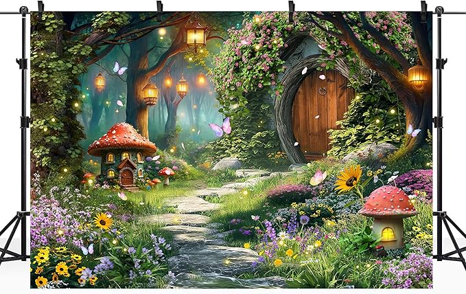 Riyidecor Fairy Backdrop Polyester Fabric Enchanted Garden Wonderland Woodland Mushroom Floral Flower Butterfly 7Wx5H Feet Nature Baby Shower Photography Background Birthday Photo Studio Shoot