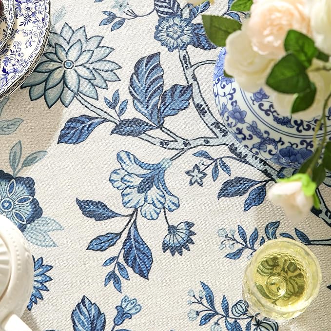 Vintage Blue and White Rectangle Tablecloth,French Linen Floral Wrinkle Free Tablecloths,Decorative Table Cover for Kitchen,Dining,Party,Thanksgiving,Christmas,55"*79"-Suqing