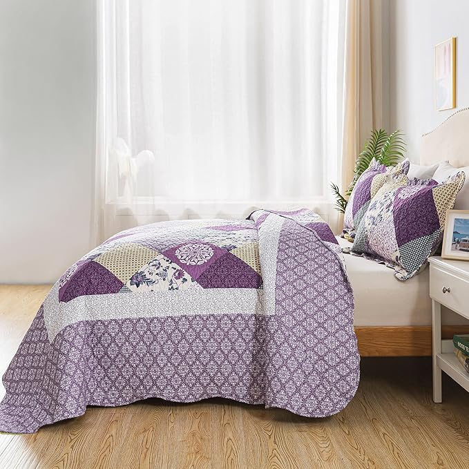 HoneiLife Queen Size Quilt Sets - 3 Pieces Queen Quilt Bedding Set Microfiber Quilt Set Lightweight Bedspreads Reversible Coverlets Retro Bed Cover Floral Bedding Set All Season Quilts-Beige & Purple