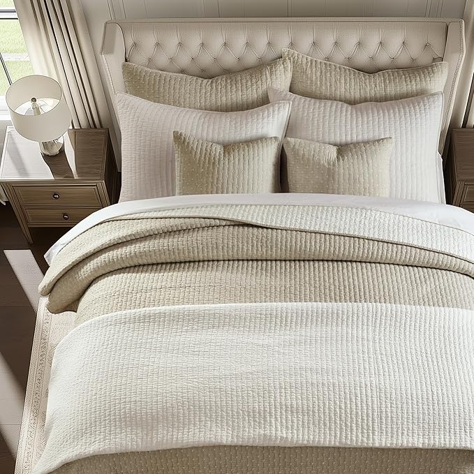 Levtex Home Cross Stitch Reversible Full/Queen Quilt Set (88x92in) with 2 Pillow Shams (26x20in) - Stitch Texture - Taupe - Cotton Full/Queen Size Quilt Bedding Set - Lightweight, Soft, Pre-Washed