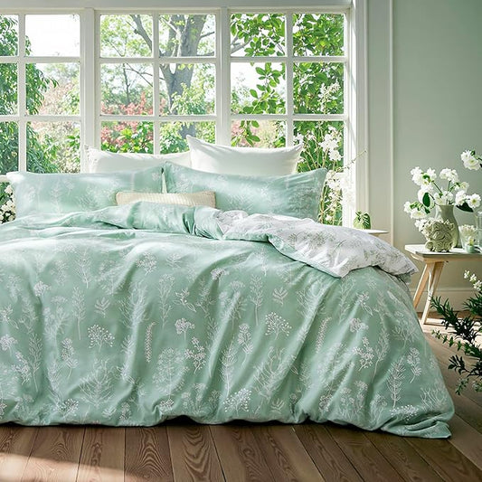 Bedsure Duvet Cover Full Size - Reversible Sage Green Full Duvet Cover Set with Zipper Closure, 3 Pieces Cute Floral Patterned Bedding Set with 8 Corner Ties and 2 Pillow Shams