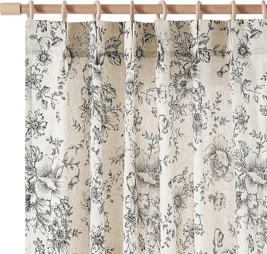 jinchan Pinch Pleated Curtains Floral Linen Blend Curtains for Living Room 90 Inches Length Black Peony Flower Printed Curtain Rod Pocket Back Tab Farmhouse Pinch Pleat Drapes with Hooks Set 2 Panels