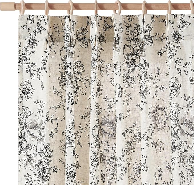 JINCHAN Pinch Pleated Curtains Floral Linen Blend Curtains for Living Room 108 Inches Length Black Peony Flower Printed Curtain Rod Pocket Back Tab Farmhouse Pinch Pleat Drapes with Hooks Set 2 Panels