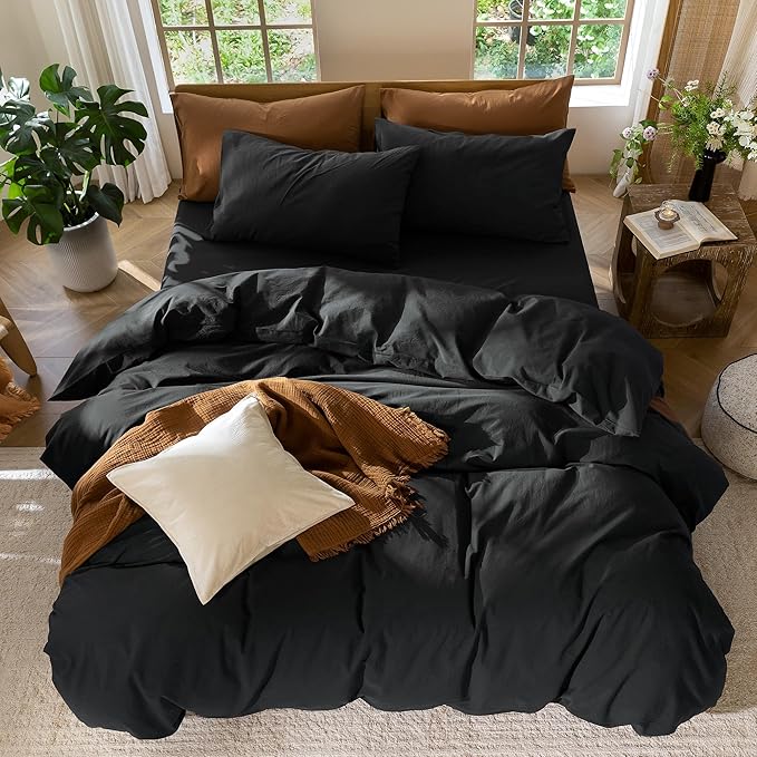 MooMee Bedding Duvet Cover Set 100% Washed Cotton Linen Like Textured Breathable Durable Soft Comfy (Solid Black, Super Queen 90"x98")