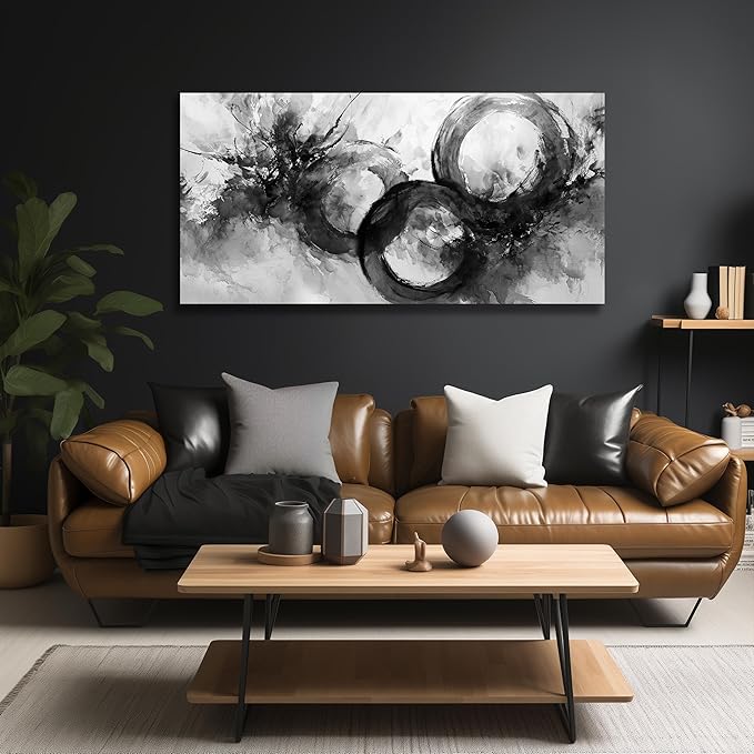 JuhaiArt Black Wall Art Large Abstract Picture Wall Decor White Canvas Art Circle Modern Artwork for Living Room Office 24"x 48"