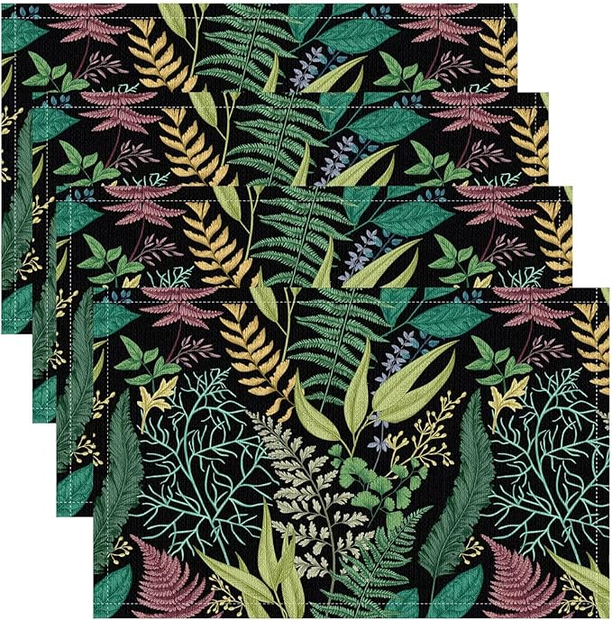 Leaf Placemats Set of 4, 17x12 Inch Vintage Natural Botanical Herbal Green Leaves Table Mats for Home Party Kitchen Dining Decor