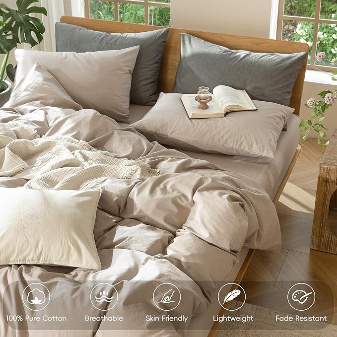 MooMee Bedding Duvet Cover Set 100% Washed Cotton Linen Like Textured Breathable Durable Soft Comfy (Heathered Taupe, Super King 108"x98")
