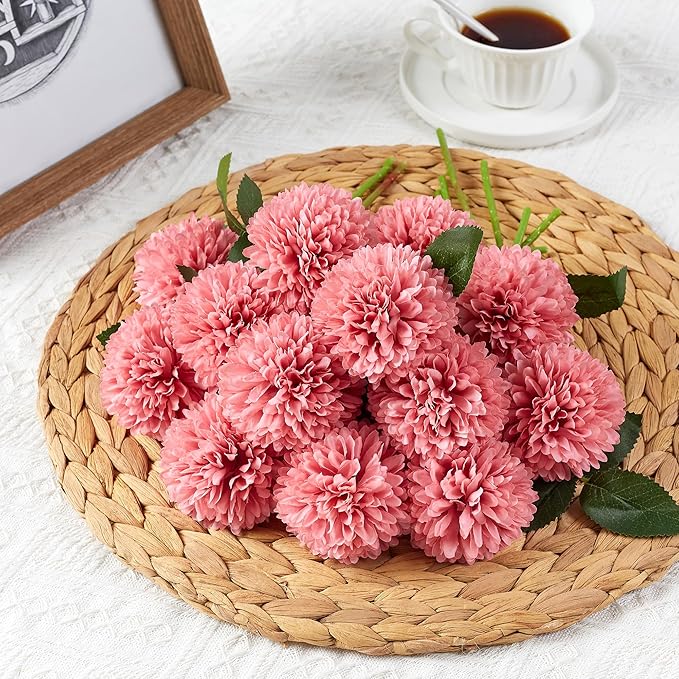 SITUMEIZI 12 Pcs Pink Artificial Chrysanthemums Flowers Ball Flower Fake Mums Silk for Wedding Home Kitchen Decoration Floral Arrangement