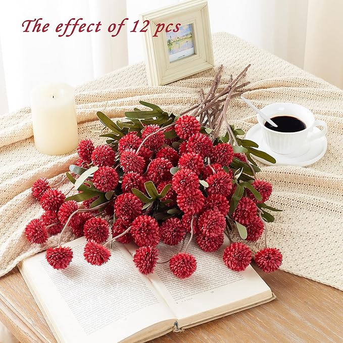 SITUMEIZI Red Faux Silk Pompon Mum Artificial Red Flowers Fake Mini Chrysanthemum Flowers Mums 6Pcs for Christmas Home Party Wedding Decorations