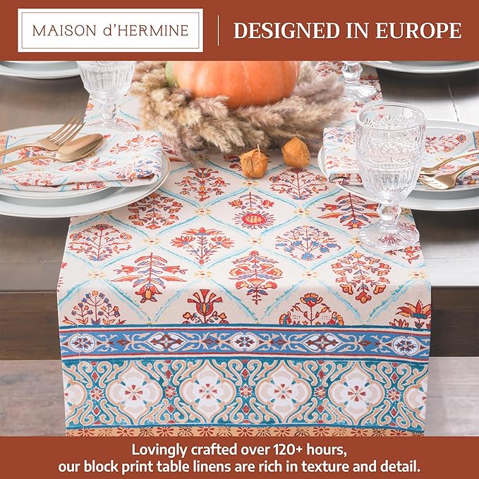 Maison d' Hermine Table Runner 100% Cotton Single Layer Table Runners 72 inches Long for Thanksgiving Christmas Decorations Home Kitchen Dining Party Wedding (Romane, 14.5" x 72")
