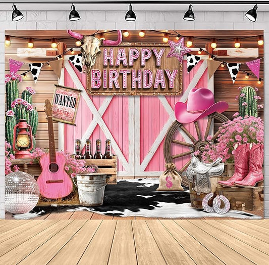 SVBright Western Cowgirl Happy Birthday Backdrop 7Wx5H Pink Barn Door Vintage Rustic Retro Wood Board Cactus Hat Boots Disco Cow Print Decorations Photography Background Banner Photo Booth Studio