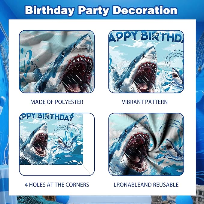 Shark Birthday Party Decorations For Women Men,Happy Birthday Banner,Blue Balloon Arch Kit,Sharks Foil Balloons,Cake toppers
