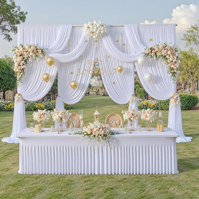 PartyVillage 50ft×15ft White Backdrop Curtain for Wedding Parties, 10 Panels Wrinkle Free 15 FT Long Polyester Photo Backdrop Drapes Back Drop Cloth for Birthday Photography Background