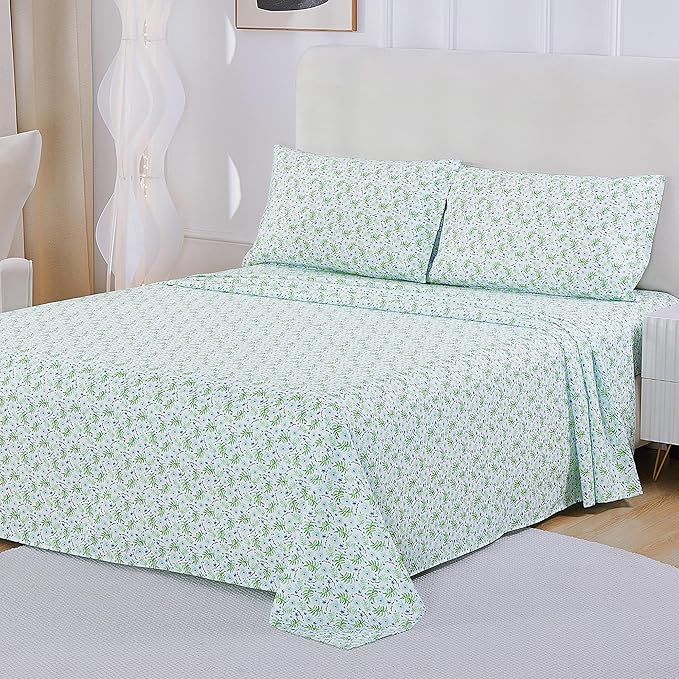 Softan Green Floral Full Sheet Set, Cozy Botanical Microfiber Printed Fitted Bed Sheet with 15" Deep Pockets & Non-Slip Straps, Fresh Greenery Blooms Patterned Sheets & Pillowcase Set