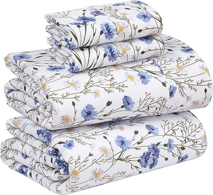 RUVANTI 100% Cotton California King Sheet Sets, 4 Pieces, Soft & Breathable Percale Weave Bedding, Deep Pocket 14", Hotel Standard, Crisp Cool Feel & Durable, Perfect Floral Sheets, Sweet Pea