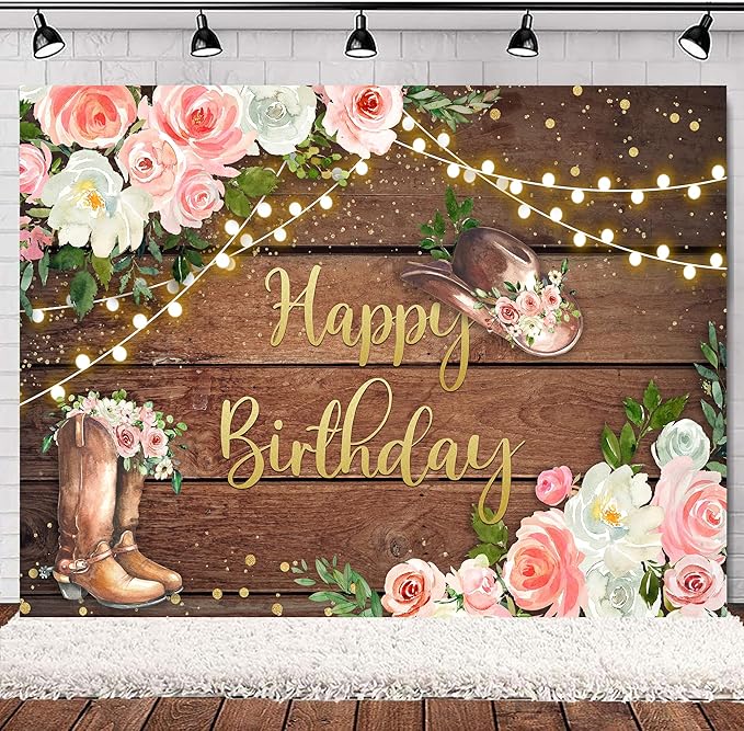 SVBright Cowgirl Birthday Backdrop 8Wx6H Western Rustic Country Wooden Plank Pink Flower Floral Happy Birthday Baby Shower Hat Plant Decorations Photography Background Banner Photo Booth Studio