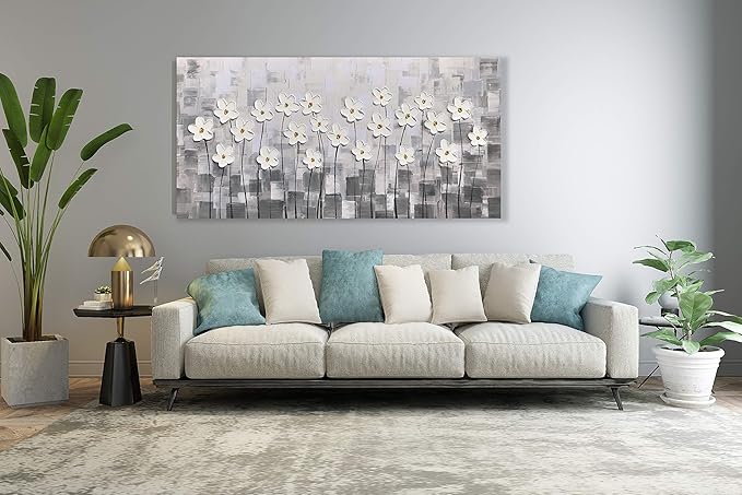 Yihui Arts Wall Art Pallet Knife Pictures Painting White Lily Bouquet of Flowers Oil Painting Floral Artwork Print on Wrapped Canvas for Walls