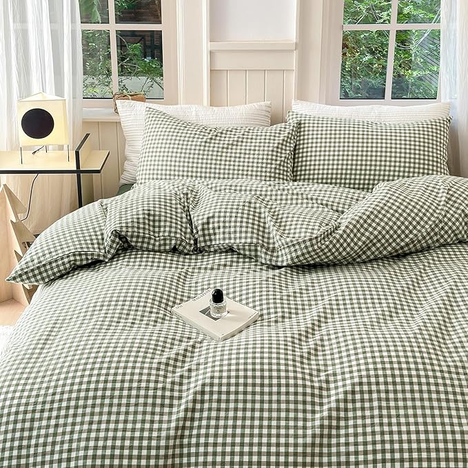LifeTB Green Gingham Comforter Set King Modern Style Plaid Comforter Set 3 Pieces Boho Grid Comforter with 2 Pillowcases Soft Fluffy Checkered Pattern Comforter Farmhouse Gingham Bedding Set King