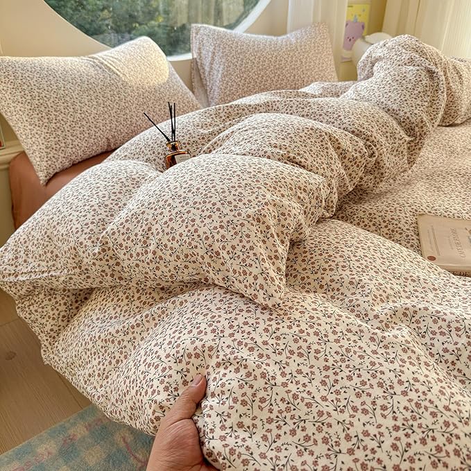 LifeTB Muslin Cotton Duvet Cover Set King Size Vintage Floral Duvet Cover Ultra Soft Breathable Comforter Cover Chic Flower Bedding Set Linen Feel Textured Gauze Comforter Cover with Zipper Closure