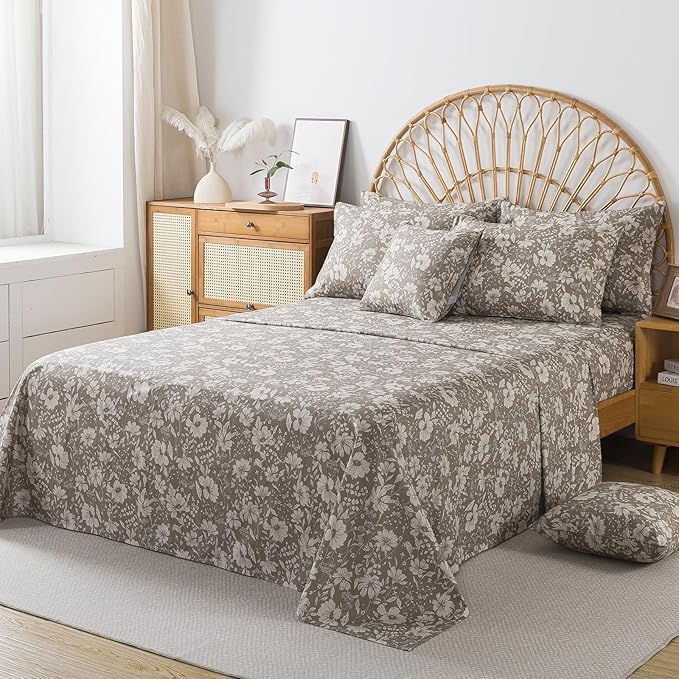 FADFAY 100% Cotton Floral Bed Sheet Set Full, Mocha Mousse Botanical Flower Bedding, Soft All-Season Cotton Sheets with Flat Sheet, Fitted Sheet & 2 Pillowcases, Vintage Cottage Style