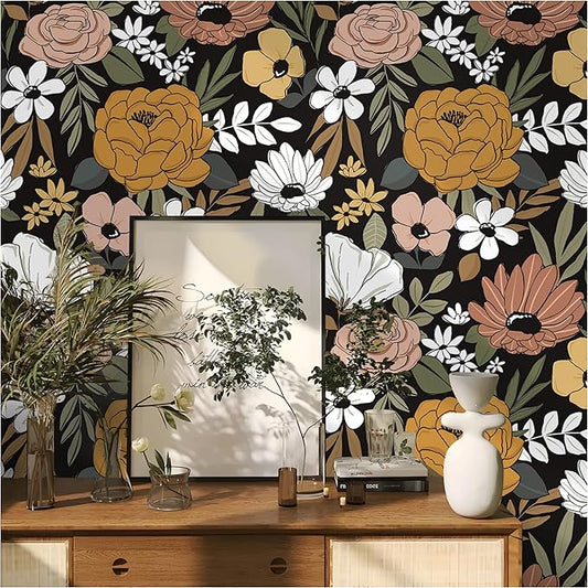 Floral Peel and Stick Wallpaper Black Removable Wallpaper Dark Boho Renter Friendly Textured Wallpapers for Bedroom Stick On Contact Paper for Locker Cabinet 17.5 x 118 in