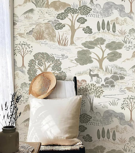 Erfoni 16.9"x118" Boho Peel and Stick Wallpaper Forest Green/Brown/White Contact Paper DIY Self Adhsive Wallpaper Waterproof Removable Peel and Stick Wall Paper for Bedroom Accent Walls Decor