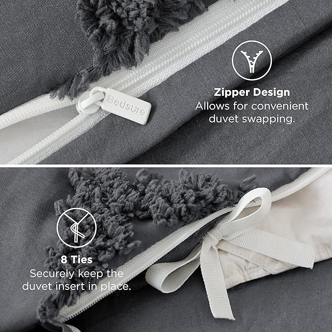 Bedsure Boho Duvet Cover Queen Size - Dark Grey Tufted Boho Bedding, Farmhouse Shabby Chic Embroidery Bedding for All Seasons, 3 Pieces, 1 Soft Jacquard Queen Comforter Cover and 2 Pillow Shams