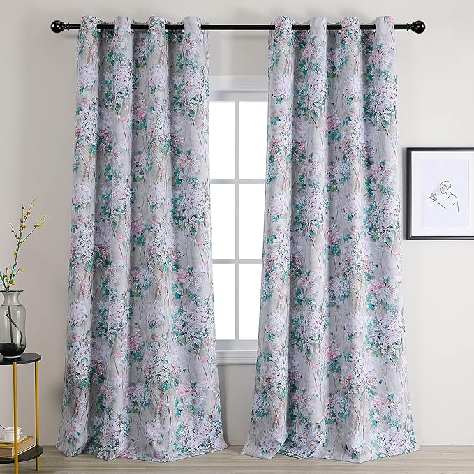 MYSKY HOME Floral Curtains 84 inches Long 2 Panels Pink and Blue Curtain Ink Vintage Flower Thermal Insulated Curtains for Bedroom Living Room Botanical Printed Grommet Privacy Protect Drapes