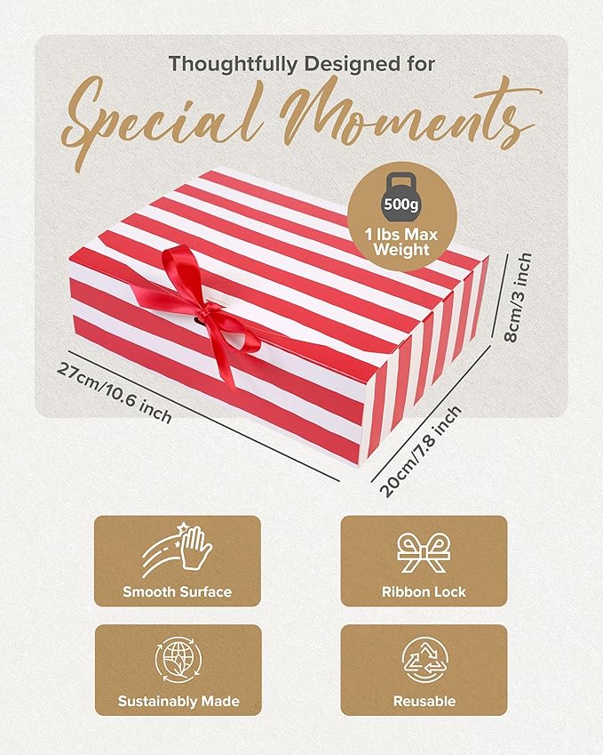 HummingBox Stripes Gift Box Set of 16 - Gift Boxes for Presents & gifting on weddings, birthdays & more - Easy to Assemble Striped Gift Boxes With Lids & Ribbon Closure - Decorative Boxes With Lids