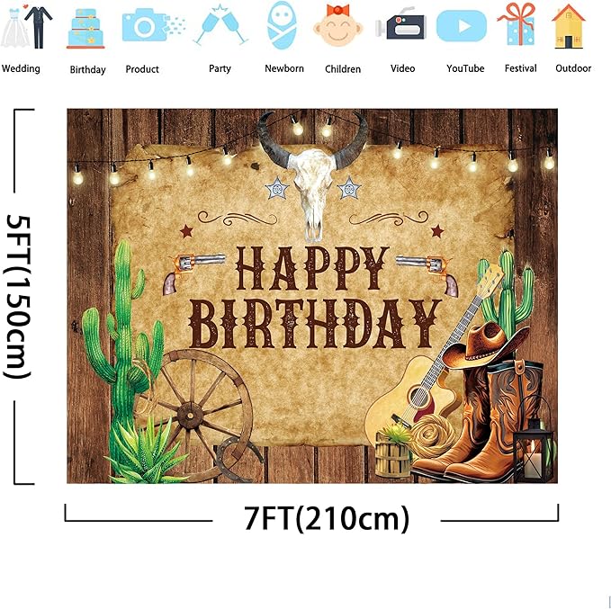 SVBright Western Backdrop 7Wx5H Cowboy Happy Birthday Rustic Wooden Board Cactus Rodeo Brown Hat Plant Country Wild West Men Boy Bday Party Decorations Photography Background Banner Photo Booth Studio