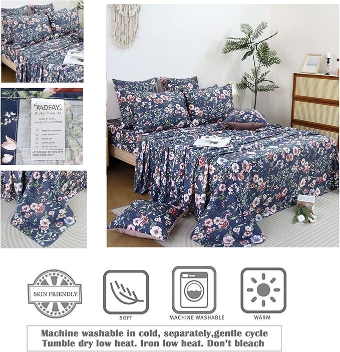 FADFAY Sheets Set King Vintage Dark Blue Floral Bedding Shabby Peony Floral Sheets Navy French Country Farmhouse Bedding 800 Thread Count 100% Egyptian Cotton Deep Pocket Fitted Sheet 4Pcs, King Size