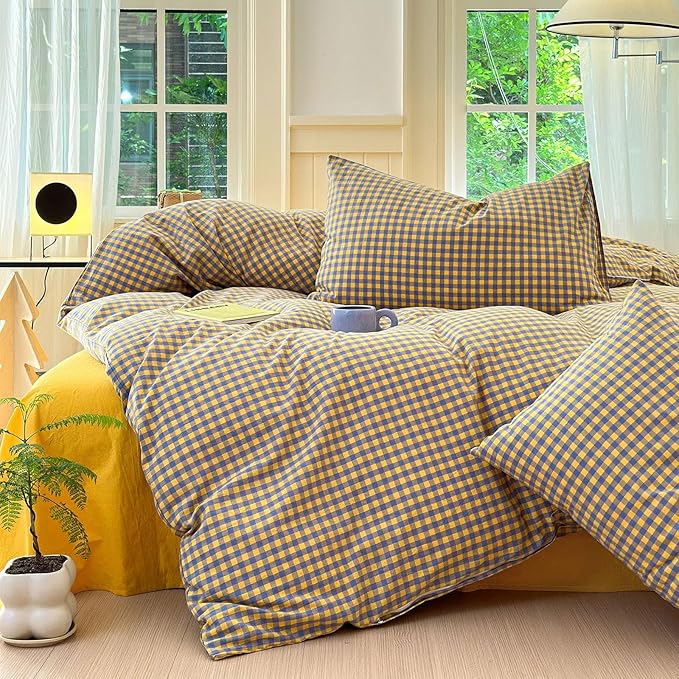 LifeTB Gingham Comforter Set Full Modern Style Purple Yellow Grid Plaid Comforter Set Soft Fluffy Checkered Pattern Comforter with 2 Pillowcases Farmhouse Gingham Grid Bedding Comforter Breathable