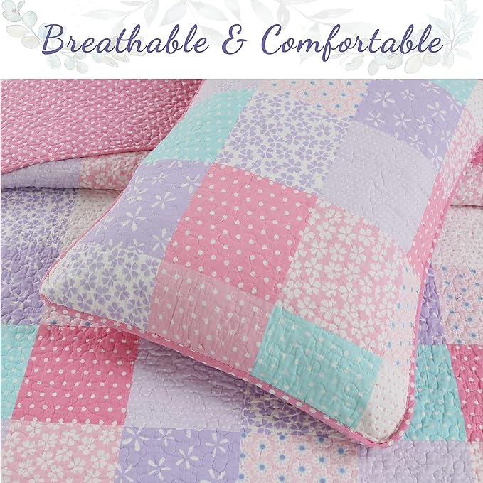 Cozy Line Home Fashions Angelina Floral Dot Pink Light Purple Blue 100% Cotton Reversible Girl Quilt Bedding Set, Bedspread, Coverlet (Twin - 2 Piece)