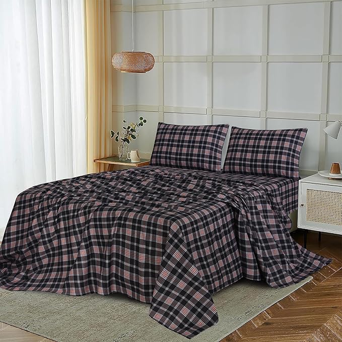 RUVANTI Flannel Sheets Twin Size - 100% Cotton Double Brushed Twin Sheets Set, Deep Pockets 16 Inches, All Seasons Breathable & Extra Soft Bed Sheets, Warm & Cozy, 3 Piece, Peach & Black Plaid