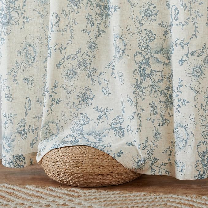 jinchan Linen Floral Curtains Extra Wide for Patio Sliding Glass Door Room Divider Curtain for Living Room 108 Inch Length Farmhouse Peony Blue Printed Curtain Set 1 Panel